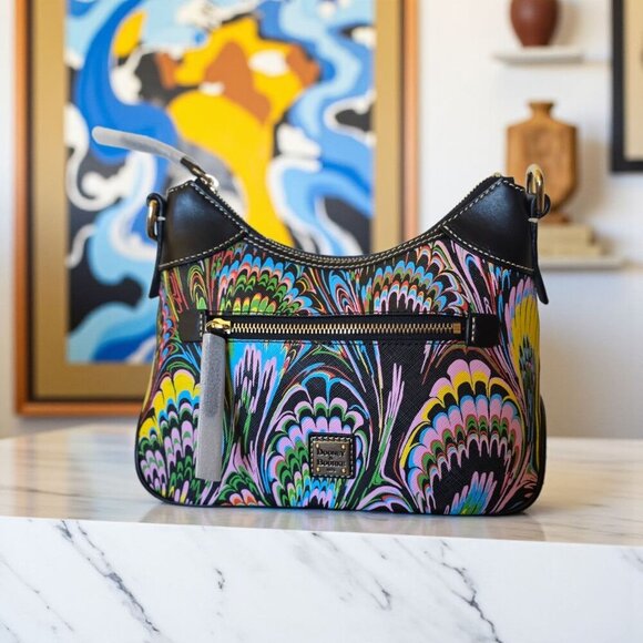 Dooney & Bourke Plumes Small Hobo Shoulder Bag Black Multi NWT Rare Coat Canvas - Picture 1 of 16
